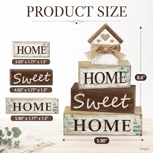 4 Pcs Farmhouse Tiered Tray Decor Home Sweet Home Rustic Wooden Tabletop Sign Neutral Heart House Shaped Shelf Mantle Kitchen Decoration Housewarming Gifts - style: Home