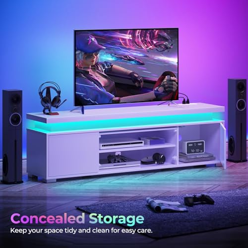 Rolanstar TV Stand with LED Lights & Power Outlet, Modern Entertainment Center for 32/43/50/55/65 Inchs TVs, Table, Universal Gaming Media Stand Storage Cabinet and Large Storage, White - color: White