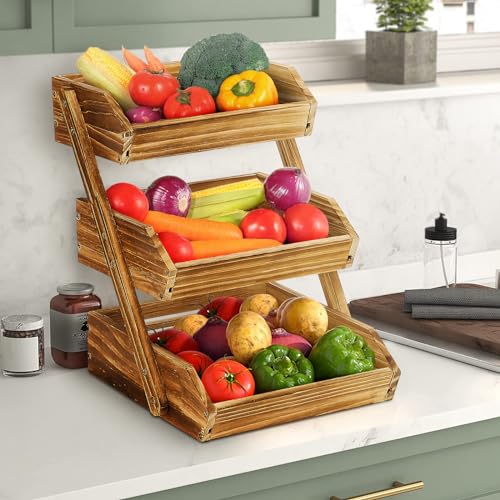 G.a HOMEFAVOR Wooden 3 Tier Fruit Basket, Brown, Pine Wood, Sturdy, Self-assembly - color: Pine Wood, size: 3-Tier