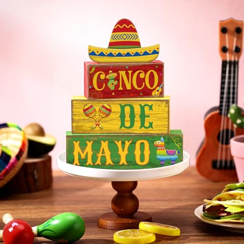 Yuntau 4 Pcs Cinco De Mayo Decorations Wooden Mexican Table Farmhouse Cinco De Mayo Tiered Tray Decor Fiesta Stacked Blocks Tabletop Decorative Book Mexican Centerpieces for Carnival Shelf Home - style: Cinco De Mayo