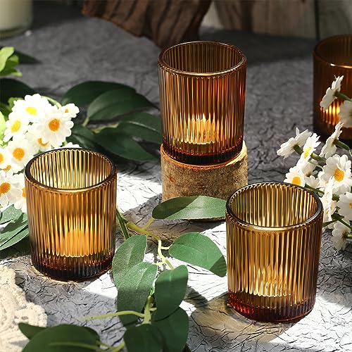 24 Pack Amber Votive Candle Holders Thanksgiving Decor, Glass Small Tea Lights Candle Holders for Table Centerpiece for Home Decor Party Fall Boho Decor(24,Amber) - color: Amber