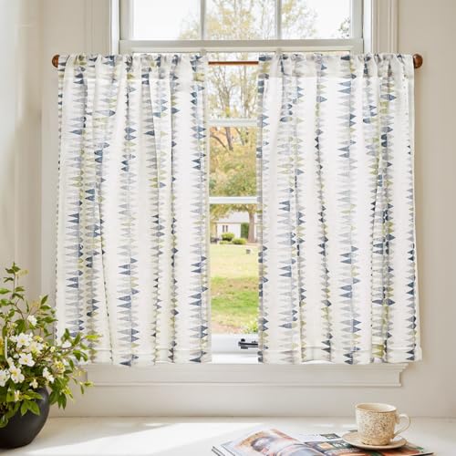 jinchan Mudcloth Boho Kitchen Curtains for Windows Light Filtering Linen Blend 36 Inch Farmhouse Tier Curtains Small Window Drapes for Living Room Bathroom RV 2 Panels Rod Pocket Dusty Blue on Linen - color: Tribal | Dusty Blue on Linen, size: 26"W x 36"L