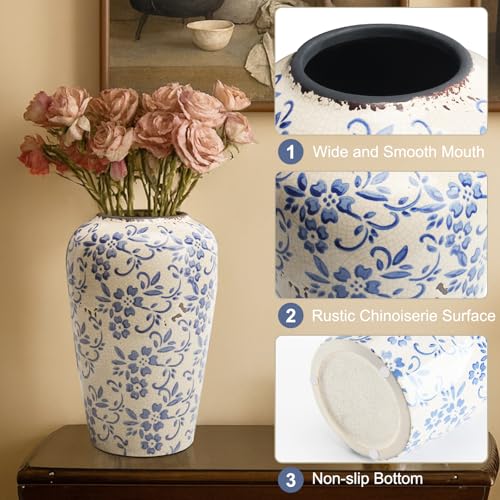 BEAHOT 8.6 Inch Chinoiserie Ceramic Vase – Blue and White Tall Vintage Flower Vase, Large Retro Chinoiserie Cracked Porcelain Decor for Living Room Centerpieces, Bookshelf, Grand Millennial Decor - color: White-blue