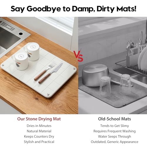 Razborci Stone Dish Drying Mat for Kitchen Counter, Water Absorbing Bathroom Tray Sink Organizer, Diatomaceous Earth Countertop Dish Rack Riser Sponge Holder Soap Dish, Gray Beige, 16" x 12" - color: 1. Greige, size: 16" x 12" x 1"