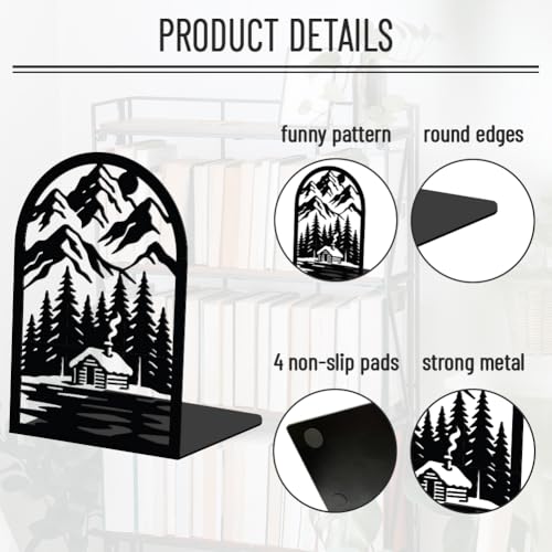WADORN 1 Pair Mountain Scenery Decorative Bookends, Forest Cabin Heavy Duty Metal Book Ends Rustic Non-Skid Black Book Stopper for Bookshelf Library Home Office Dorm Back to School, 5.3x4.3x7.9 Inch - color: Mountain Scenery