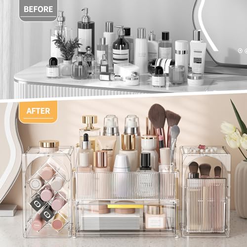INVSSENE Stackable Makeup Organizer Countertop, Storage Perfume Skincare Cosmetic Lipstick Face Mask Makeup Brush Palettes, Ideal for Vanity Bathroom Counter - color: 3516 Clear