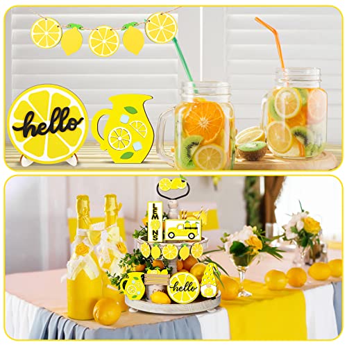 12 Pcs Lemon Tiered Tray Decor Set Gnome Fresh Lemonade Wooden Sign Yellow Lemon Wood Blocks Standing Sign Summer Tray Decor for Home Summer Kitchen Table Decoration - style: Lemon