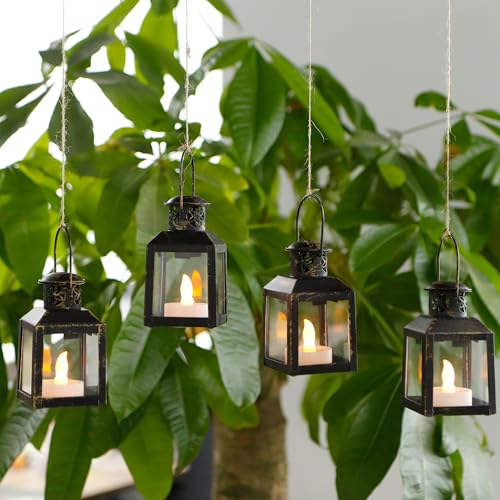 TRIROCKS 6 Pcs Small Metal Candle Lanterns Vintage Hanging House Tealight Lantern Decorative Candle Tea Light Holders for Table Valentine Patio Indoor Outdoor Gifts(Black with Gold Brush) - color: Black