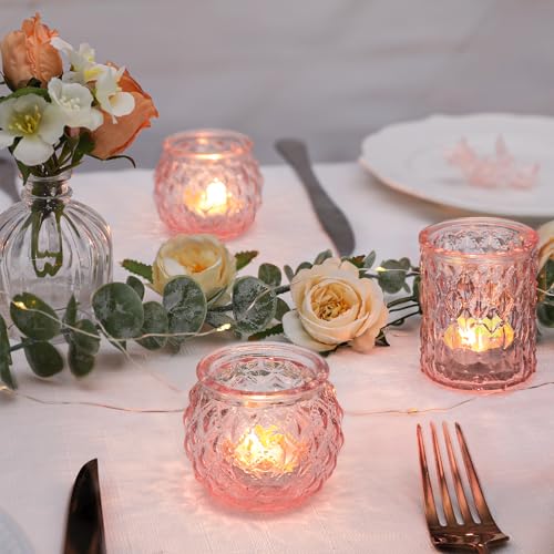 DARJEN Pink Votive Candle Holders Set of 24- Round Glass Candle Holders Bulk for Flameless LED Tea Waxes, Romantic Candle Holder for Wedding & Various Parties, Home Table Decor - color: Pink, size: 24 Pcs