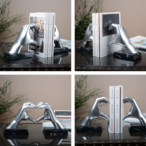 HAUCOZE Decorative Book Ends Heart Hand Statue Sculpture Modern Home Decor Table Centerpiece Gift for Office Bookshelf Silver 12.2 Inch - color: Silver