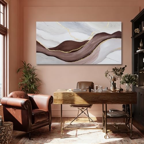 Hue7Art Modern Abstract Canvas Wall Art Neutral Flowing Lines Painting in White Gray and Brown, Minimalist Contemporary Artwork for Living Room Bedroom Office Wall Decor 24x48 Inch - color: White and brown and gold, size: 48"L x 24"W