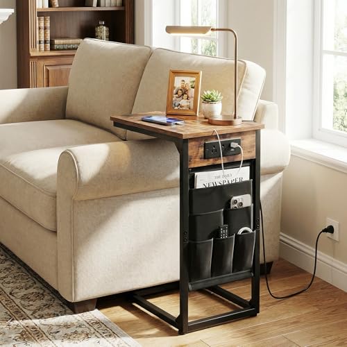 AMHANCIBLE C Shaped End Table with Charging Station, TV Tray Set of 2, Couch Tables with Storage Bag, Slide Under Sofa Side Table with USB Ports and Outlets for Living Room, Rustic Brown HET04CBR - color: Rustic Brown