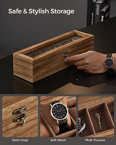 SONGMICS 6-Slot Watch Box, Watch Display Case with Large Glass Lid, Removable Watch Pillows, Velvet Lining, Gift Idea, Rustic Walnut UJOW006K01 - color: Rustic Walnut, size: 1 Layer 6 Slot