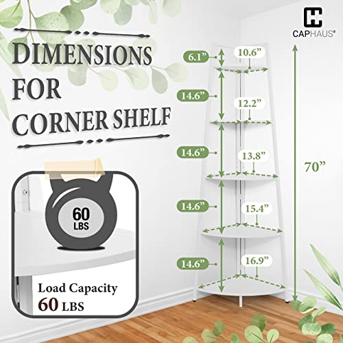 CAPHAUS Tall Corner Shelf Stand, 5-Tier Display Shelves, Ladder Corner Wood Storage Plant Bookshelf with Metal Frame, Versatile Shelving Unit Bookcase for Home Office Space, White - color: White, size: 5-Tier