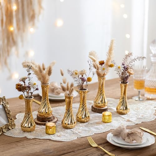 NUPTIO Glass Bud Vase Gold: 6 Pcs Small Flower Vases for Wedding Party Table Centrepiece - Vintage Ribbed Vase for Home Birthday Reception Decorations - size: Style 1