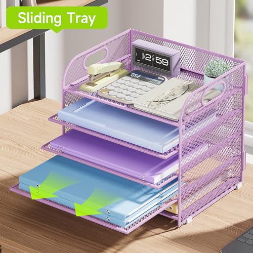 Cawukege 5 Tier Paper Organizer with Handle, Metal Mesh Desk Organizer File Folder Paper Letter Tray Desktop Document Sorter for Classroom, School, Office Accessories Organization and Storage - Purple - color: Purple