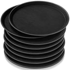 Zopeal 8 Pieces Black Round Restaurant Serving Tray, Plastic Non Slip Surface Food Meals Server Tray with Raised Edges for Home, Kitchen, Restaurant, Cafeteria, Bar (14") - size: 14"