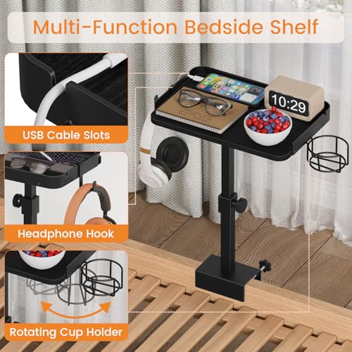 Snughome Clamp On Bedside Shelf for Bunk Bed - Adjustable Height Bedside Table Tray with Cup Holder & Cable Holes, Sturdy Nightstand Organizer Top Bunk Bed Accessories for College Dorm Apartment