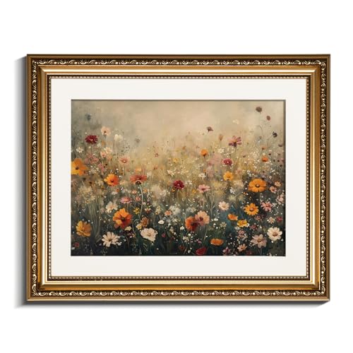 InSimSea Gold Picture Framed Wall Art, Living Room Nature Landscape Flower Wildflower Canvas Print Wall Decor, Vintage Landscape Home Farmhouse Decor, Antique Paintings with Frame 13x16inch - color: Daisy Flower Sea, size: 16"L x 13"W