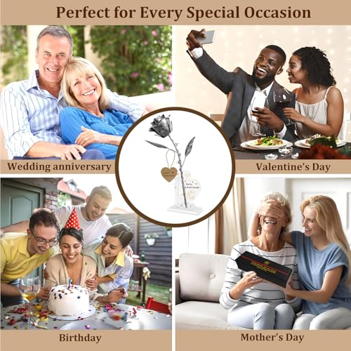 Iron Rose Sculpture with 2 Heart Photo Stands - 6 Year Iron Anniversary Metal Flower Gift - Couples Decor - color: Iron