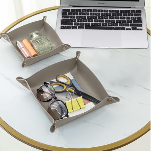 2 Pack (Size:9.84"&7.87") PU Leather Jewelry Valet Tray,Portable Entryway Table Nightstand Desk Tray Catchall Travel Plate Organizer for Phone, Keys, Wallet, Watch,Coin (Grey) - color: Gray