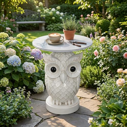 Luxurious Owl Side Table - 20" Premium Faux Marble Top Accent Table with Hand-Detailed Resin Owl Statue Base - High-End Round End Table for Study, Library, Nightstand - Tool-Free - color: White Owl