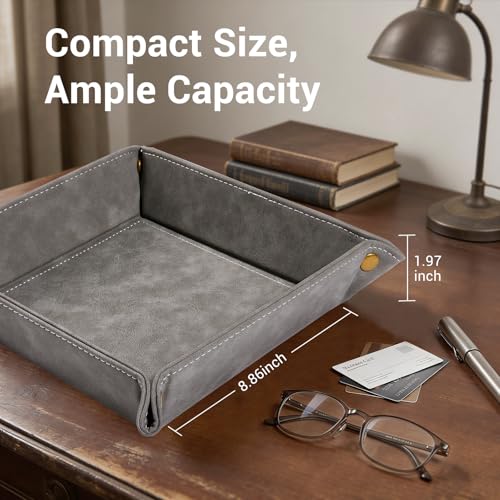 CoBak Leather Valet Tray for Men, Premium PU Leather Catch-All Tray for Entryway Table Key, Phone, Wallet, Coins & Jewelry, Bedside Nightstand Desk-top Catchall (Gray) - color: Gray