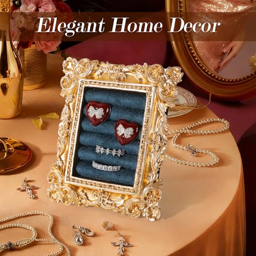 Vintage Ring Holder Rectangle Gold Velvet Display Stand - Baroque Jewelry Organizer Box Tray for Wedding Engagement Anniversary Women Birthday Christmas Gift Photograph Prop (MPF05-Gold Blue) - color: MPF05-Gold Blue