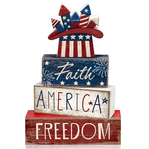 CroBlissful 4 Pcs 4th of July Decorations Patriotic Memorial Day Tabletop Decorations Red White Blue Table Centerpieces Sign for Office Tiered Tray Home Shelf 250th Anniversary(Independence Day Hat) - style: Independence Day Hat