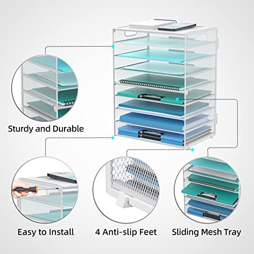 DALTACK 9-Tier Paper Organizer for Desk, Mesh Letter Tray Desk Organizer with Handles, Space-Saving File Organizer for Office Home School, White - color: Desk Organizer White