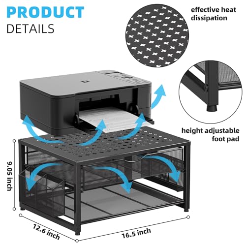 Marbrasse Metal Printer Stand for Desk with Storage Drawer and 2 Pen Holders, 2-Tier Desktop Organizer Printer Table for Home Office, Multi-Purpose Desk Organizer for Fax Machine Scanner Files(Black) - color: Black