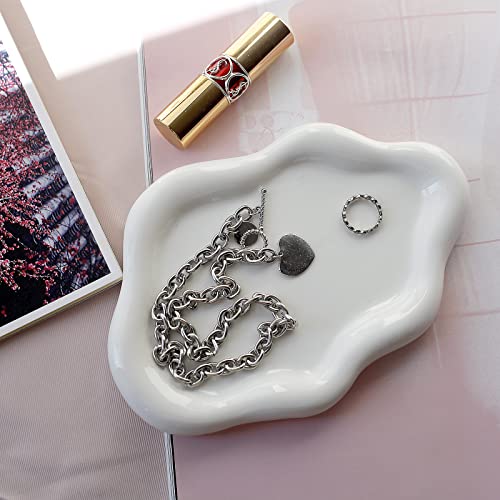 Jewelry Dish Trinket Tray for Women, Ring Dish Holder, Unique Cloud Shape Ceramic Plate Cute Things Vanity Aesthetic Room Decor Mother's Day Birthday (White) - color: White