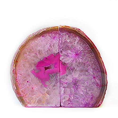 JIC Gem Pink Dyed Agate Bookends Geode Book Ends Stone Bookends for Shelves to Hold Books Heavy Duty with Rubber Bumpers for Decoration Brazilian(1 Pair, 3-4 LBS) - color: Pink Dyed, size: 3-4LBS.