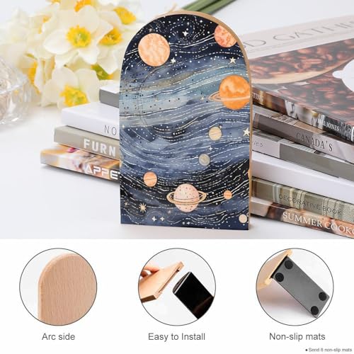 1 Pair Wood Handmade Book Ends Space Themed Art Bookends Non-Skid Decorative Bookends Book Stopper Book Shelf Holder for Shelves Heavy Books