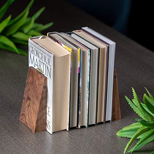 TILISMA Book Ends for Shelves - Handmade Wooden Bookends with Metal Base, Walnut Tree - Sturdy Book Holders for Heavy Books - Fancy Modern Decorative Book Accessories to Hold Books Firmly on Bookshelf - color: Walnut