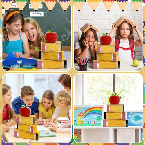 Lineshading 4 Pcs Back to School Table Decorations Retro Red Apples Decor Back to School Tiered Tray Decor Apple Centerpieces Rustic Wood Pencil Block Stack Sign Farmhouse Gifts for Home Shelf Mantel - style: Apple