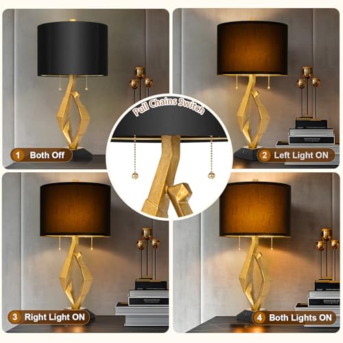 Sculptural Table Lamp Set of 2 with USB Ports For Living Room, Gold Leaf Finish Farmhouse Bedside Lamps with S Cluster Pull Chains Switch for Bedroom, Rustic Nightstand Lamp for Office, Hotel, Bar - size: 26 inches Gold Leaf -029
