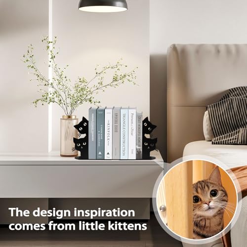 Peeping Cat Bookends for Shelves Decorative, Metal Book Ends for Heavy Books Book Stopper for Office Home Cute Desk Bookshelf Decor Cat Lover Gifts for Women (Black) - color: Black Cat