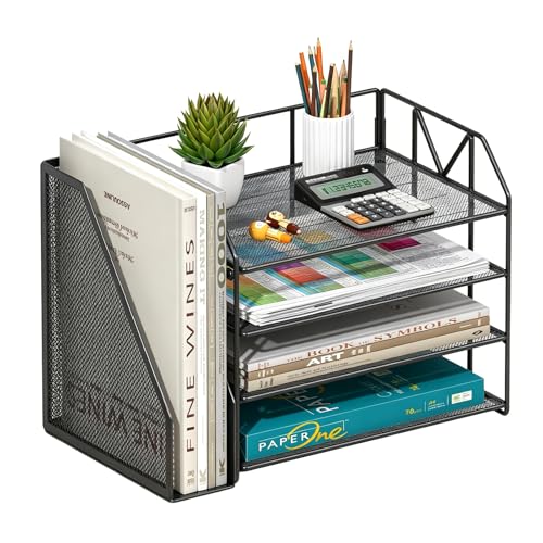 4-Tier Paper File Organizer with Drawer, Metal Desk Organizer, Tiered Paper Tray for Letter/A4 Files, Desktop Office Supplies Storage Rack, Black - color: 4-Tier with Bookend