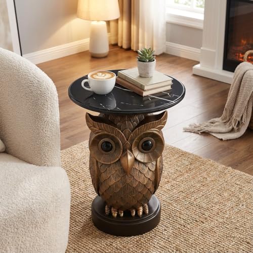 Luxurious Owl Side Table - 20" Premium Faux Marble Top Accent Table with Hand-Detailed Resin Owl Statue Base - High-End Round End Table for Study, Library, Nightstand - Tool-Free - color: Iron Owl