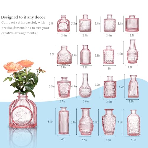 Glass Bud Vases Set of 32 - Pink Assorted Small Mini Glass Vases for Flowers, Crystal Vintage Vase Set, Bulk Centerpieces for Table Décor, Wedding, Home and Events (Pink, 32 Pcs) - color: Pink, size: 32 Pcs