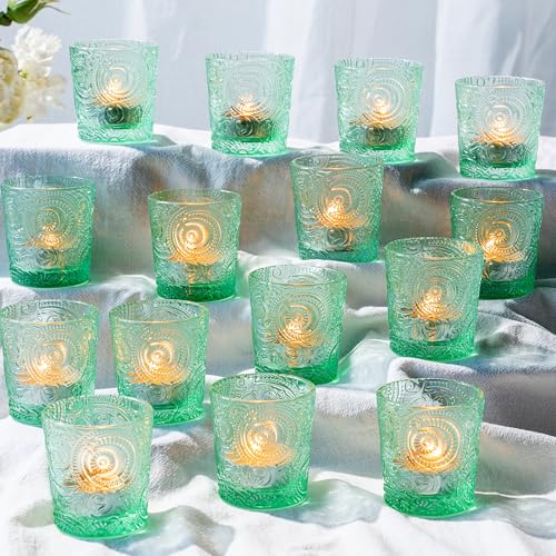 6 Pack Sun Moon Star Embossed Glass Tea Light Candle Holders - Votive Candle Holders for Wedding, Party, Home Decor, and Table Centerpieces (Apple Green) - color: Apple Green