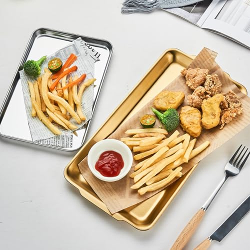 ZENFUN 3 Pack 304 Stainless Steel Serving Platters, 12.6" Rectangle Metal Dinner Plates with Handles, Decorative Organizer Trays for BBQ, Dining, Party, Buffet, Appetizer Serving(Gold)