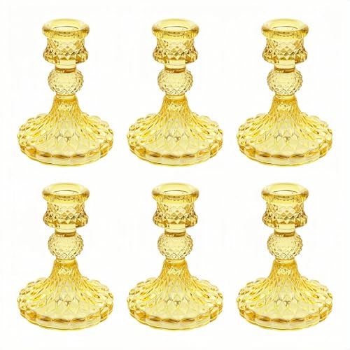 Glass Candlestick Holder,Striped Taper Candle Holders,Set of 6 Candle Stand for Table Centerpieces, Home Decor,Weddings,Festival and Parties (Yellow Dimond) - color: Yellow Dimond