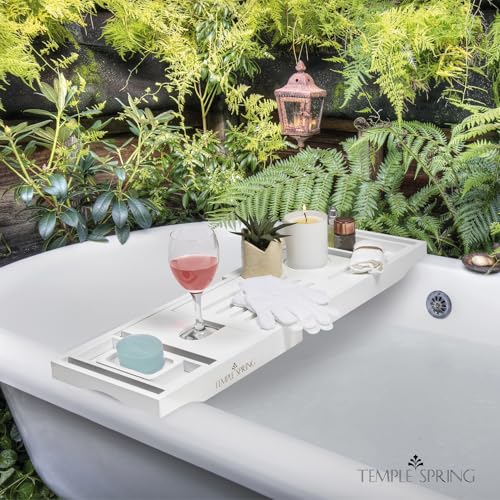 Temple Spring Bamboo Bathtub Tray Caddy for Tub — Expandable Wood Bath Tray with Solid Book Stand Wine Holder and Non-Slip Pads — Includes Bamboo Soap Dish and Spa Accessories — Luxury Bath Gift Set - color: White