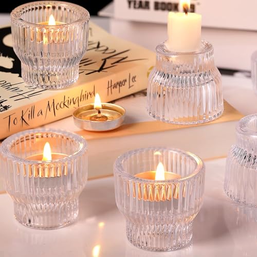 HAVITI 12 Pack Clear Taper Candle Holders, Glass Candlestick Holders, Tea Light Candle Holder for Fall Wedding Centerpieces Table Decorations, Votive Candle Holders for Table Decor - color: Clear