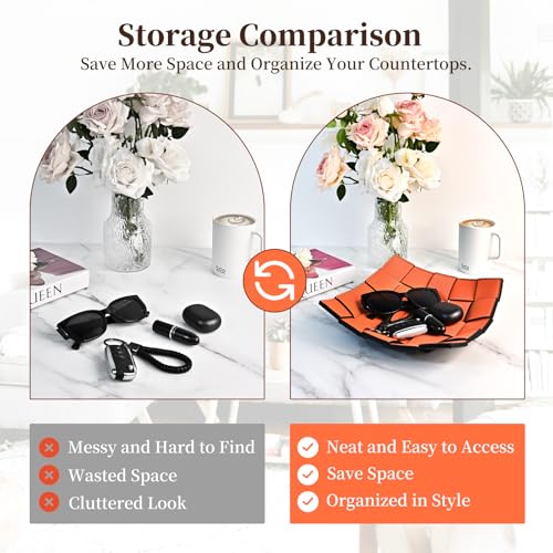 MSJGA Valet Tray PU Leather Key Holder Bowl for Women and Men Entryway Table Nightstand Desk Tray for Wallet, Keys Men's Gift - Orange & Black, 9.8" L x 9.8" W x 2" H - color: Orange + Black