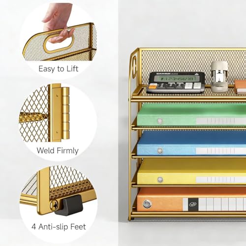 Lavatino Desk Paper Organizer Trays, Gold 5-Tier Mesh File Folder Sorter with Handles, Letter Holder Organizer for Office, Home, School Supplies Storage & Organization - color: 5 Tier - Gold, size: 12.6" x 9.1" x 11.5"