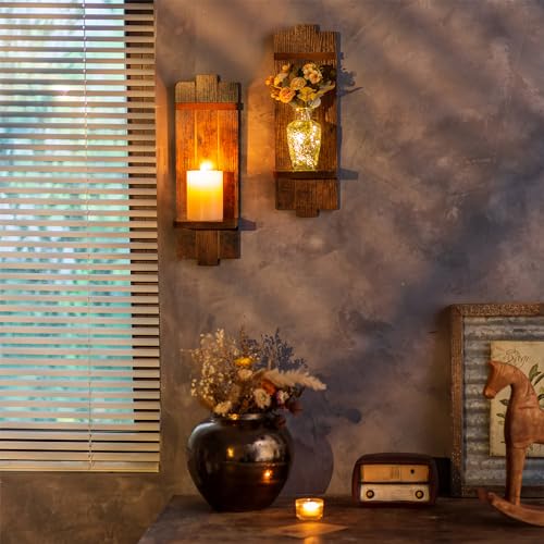 Rustic Candle Holder Farmhouse Wall Decor - Brown Candle Sconces Set of Two Wooden Vintage Hanging Wall Decoration for Fireplace Mantel Living Room Bedroom Dining Room - color: Brown, size: 15.7in x 5.1in