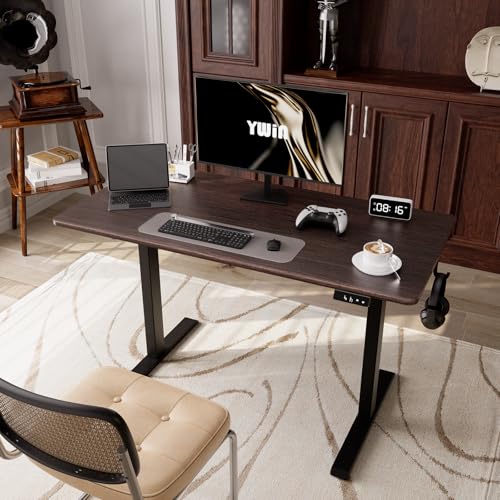 Ywin Electric Height Adjustable Standing Desk with Wheels, 63 x 24 inches Ergonomic Stand Up Desk for Home Office - color: Black Walnut